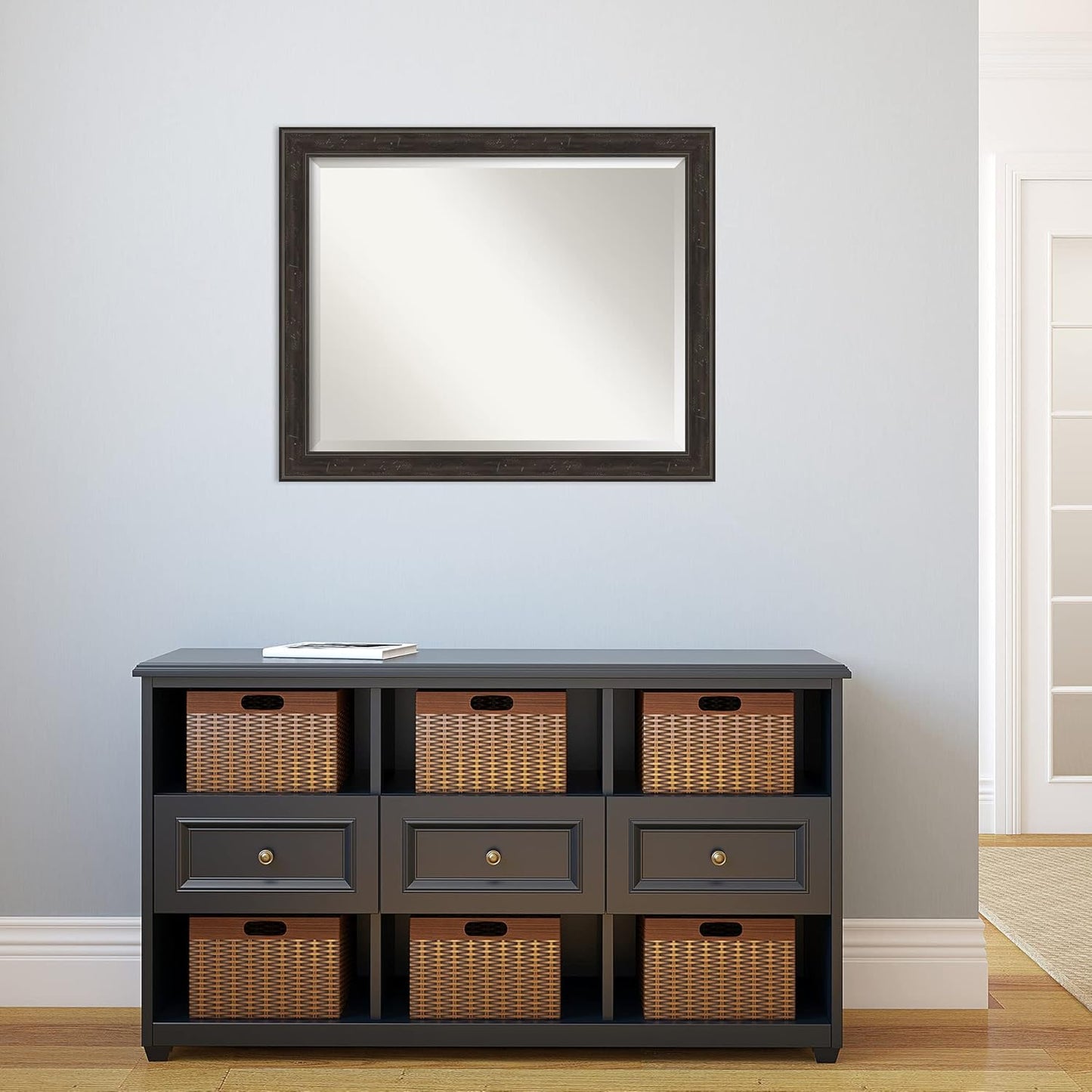 Amanti Art Brown Bathroom Mirror for Over Sink, 26x32 Shipwreck Greywash Narrow Rectangle Vanity Mirror, Large Traditional Frame, Hangs Horizonally and Vertically, Bathroom Wall Decor, Beveled Edge