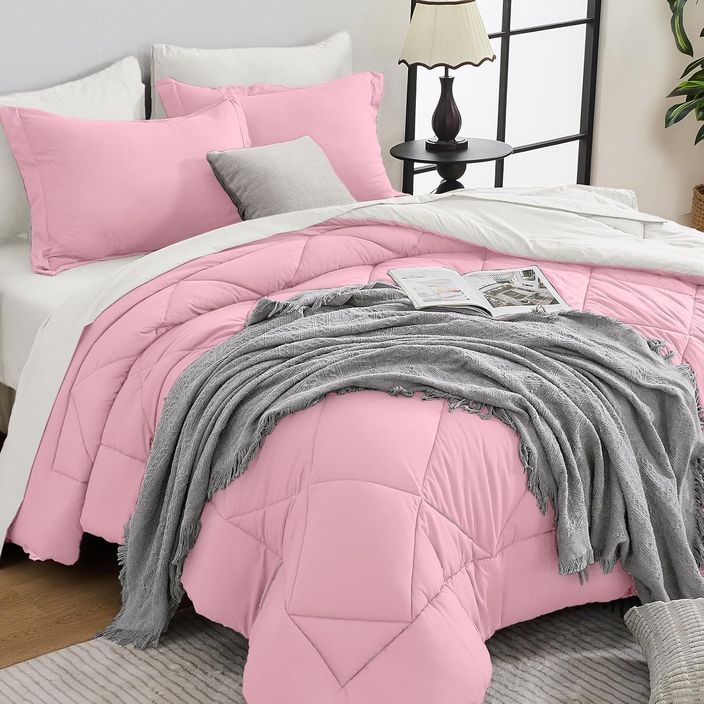 HEVUMYI Queen Comforter Set - 7-Piece All Season Bed in a Bag Queen, Ultra Soft Bedding Set with Comforter, Flat Sheet, Fitted Sheet, Pillowcases, Pillow Shams, Pink & Ivory