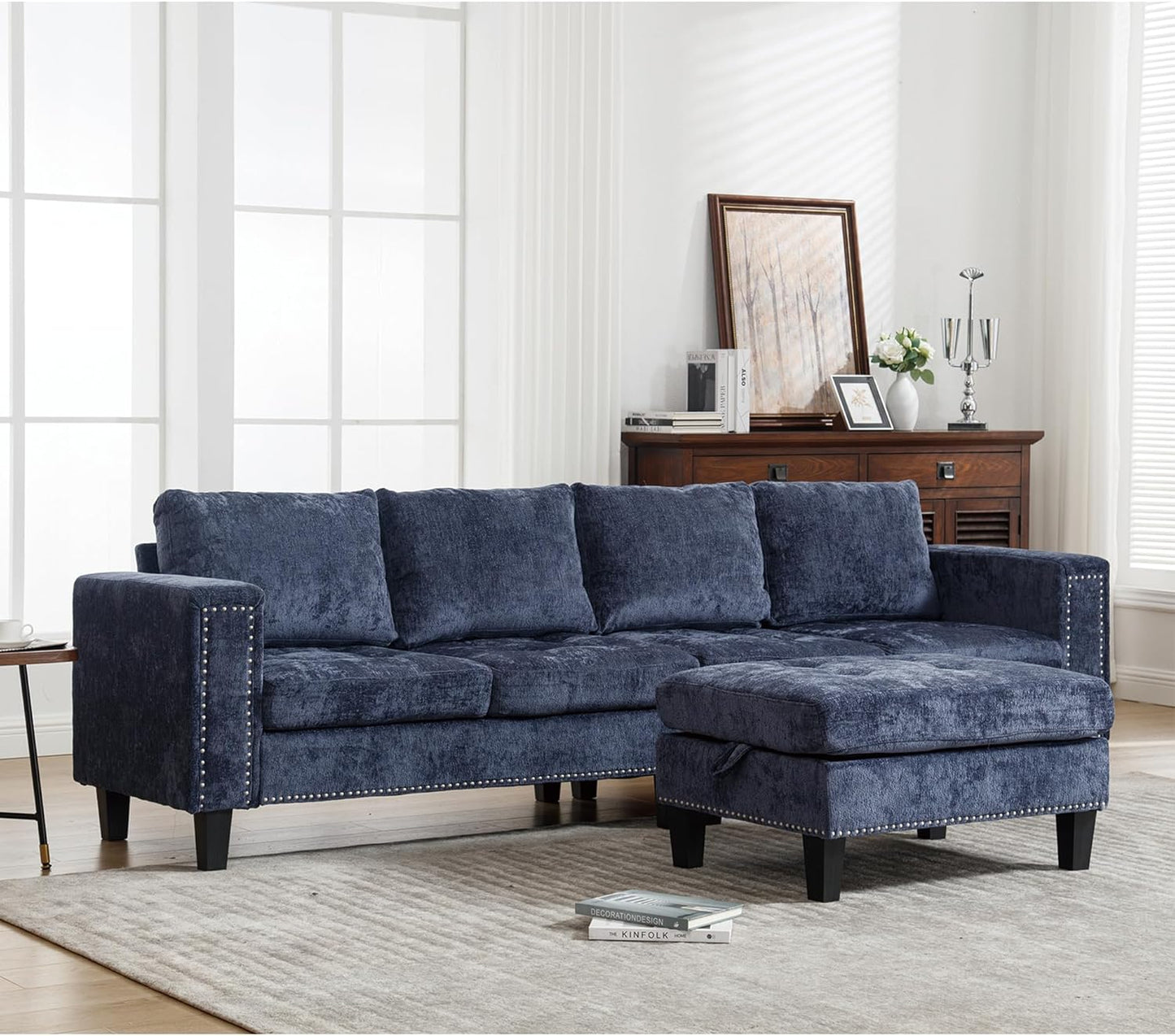 Ball & Cast 104.5" L Shaped Sectional Couch with Storage Ottoman, Chenille Upholstered 5 Seat Modular Sofa with Reversible Chaise for Living Room, Easy Assembly, Blue
