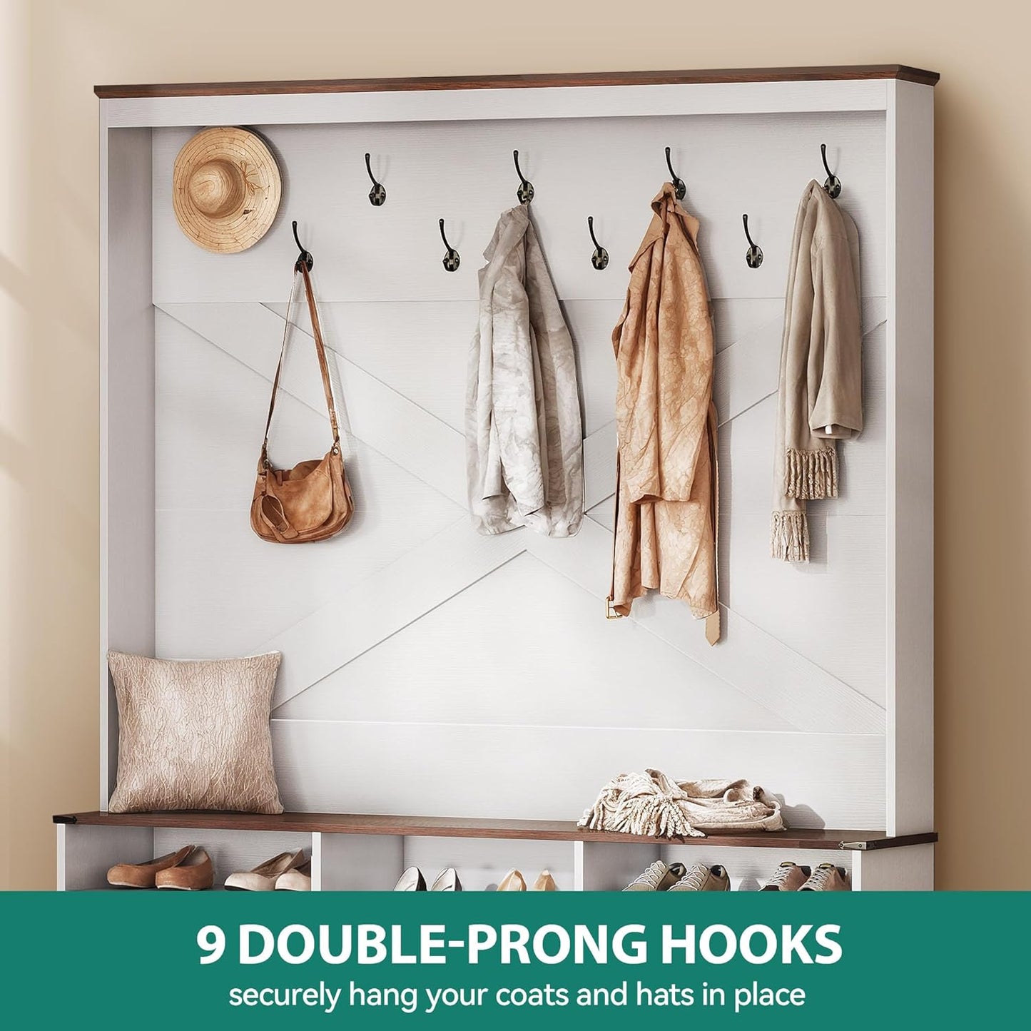 YITAHOME Hall Tree with Bench and Shoe Storage, Mudroom Storage Modern Shoe Cabinet with Bench & 9 Double Prong Hooks, for Entryway & Living Room, Walnut & Off-White