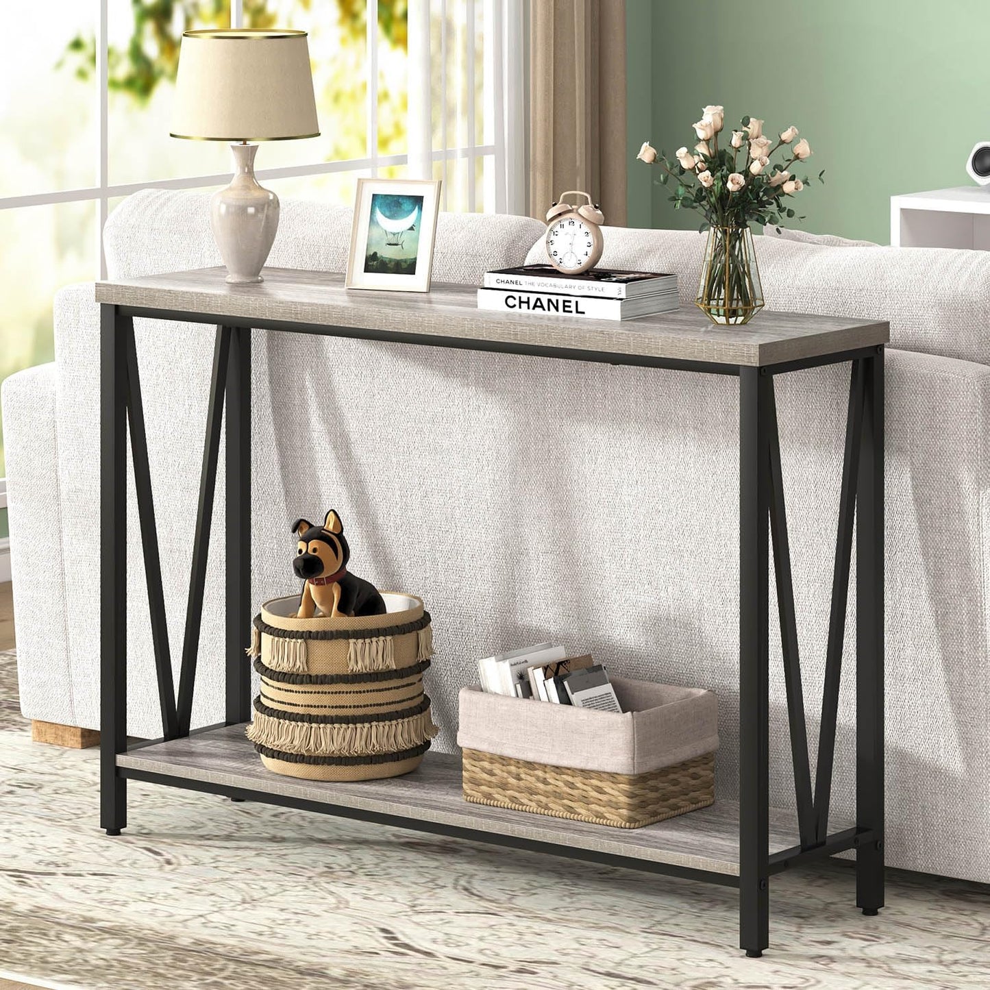 FOLUBAN Industrial Sofa Console Table, Rustic Wood and Metal Entryway Hallway Table for Living Room Entrance, 43.3 Inch Light Grey