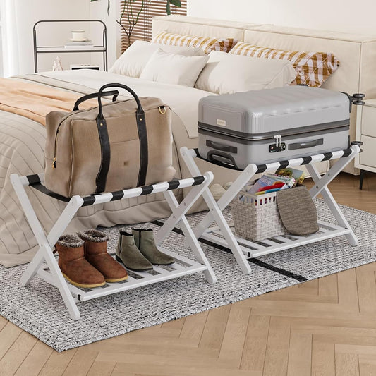 2 Packs Fully Assembled White Luggage Racks with Shoe Shelf, Folding Suitcase Stand with 5 Straps, Wooden Luggage Stand Ideal for Guest Room, Bedroom, Hotel