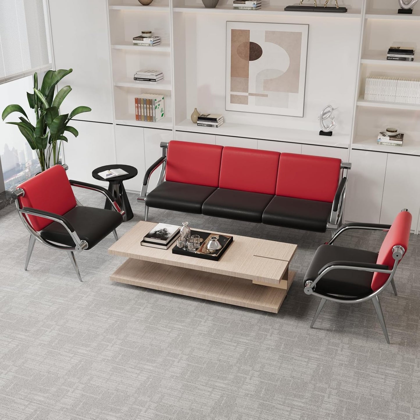 wonline 3 Seat Waiting Room Chair with Armrest PU Leather Office Furniture, Office Guest Seating Lobby Conference Reception Chairs for Airport Clinic Hospital Bank Salon Barber(Red&Black)