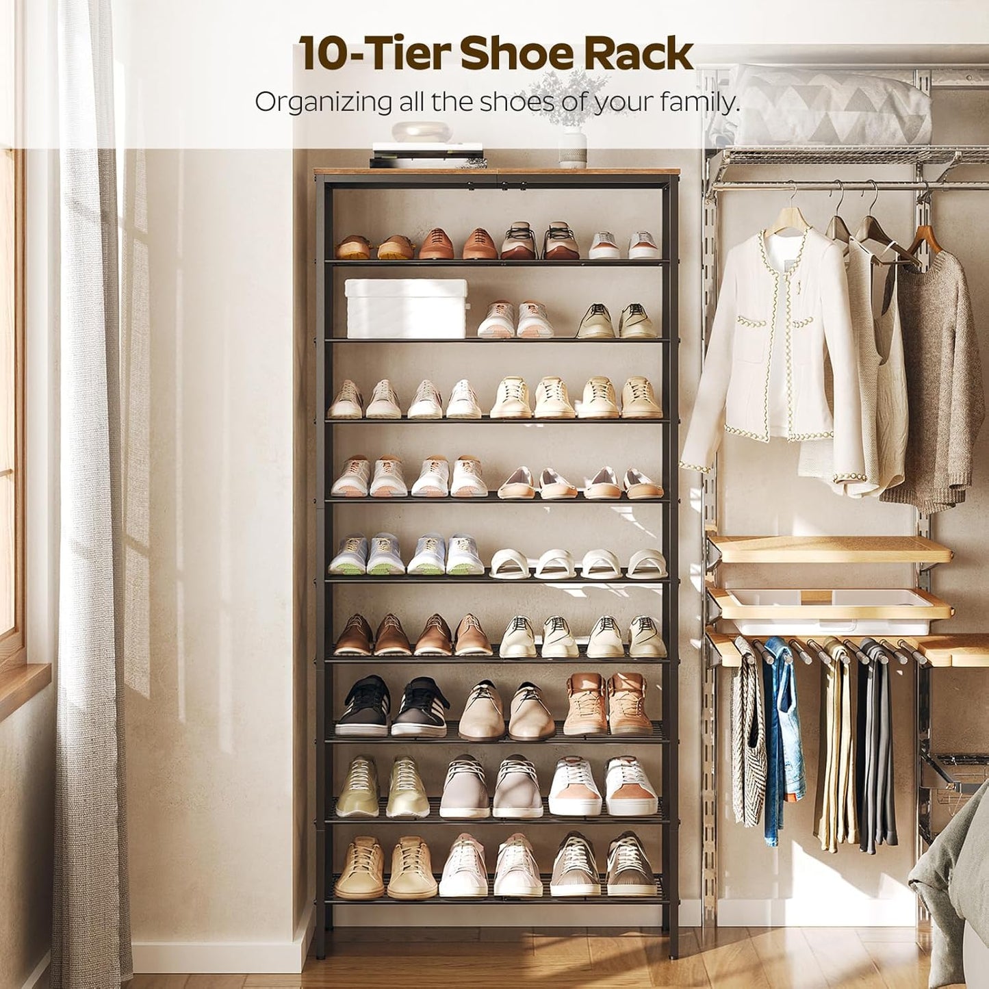 10 Tier Shoe Rack, Large Capacity Shoe Storage Organizer Holds 40 Pairs, Durable and Stable, for Entryway, Hallway, Closet, Dorm Room, Rustic Brown SS10BR
