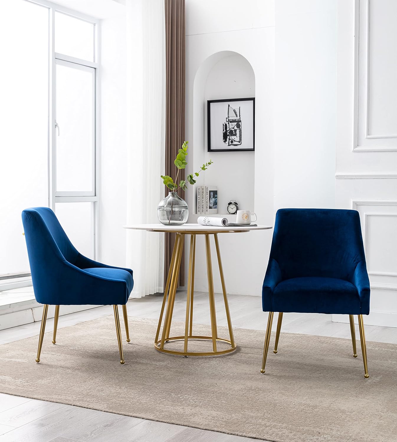 Modern Velvet Dining Chairs Set of 4, Contemporary Upholstered Furniture Collection with Polished Gold Metal Legs, Elegant Accent Chairs for Kitchen Living Room(Blue)