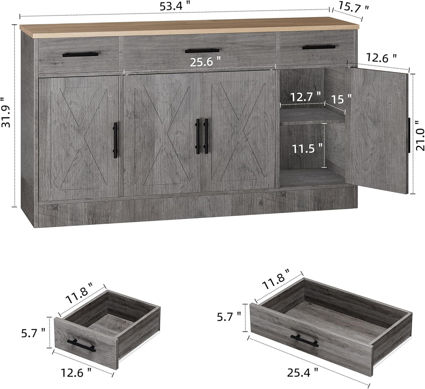 Shintenchi Buffet Cabinet with Storage,53.4" Large Kitchen Storage Cabinet with 3 Drawers and 4 Doors,Wood Farmhouse Buffet Sideboard with Adjustable Shelf for Kitchen Living Room,Ash Grey