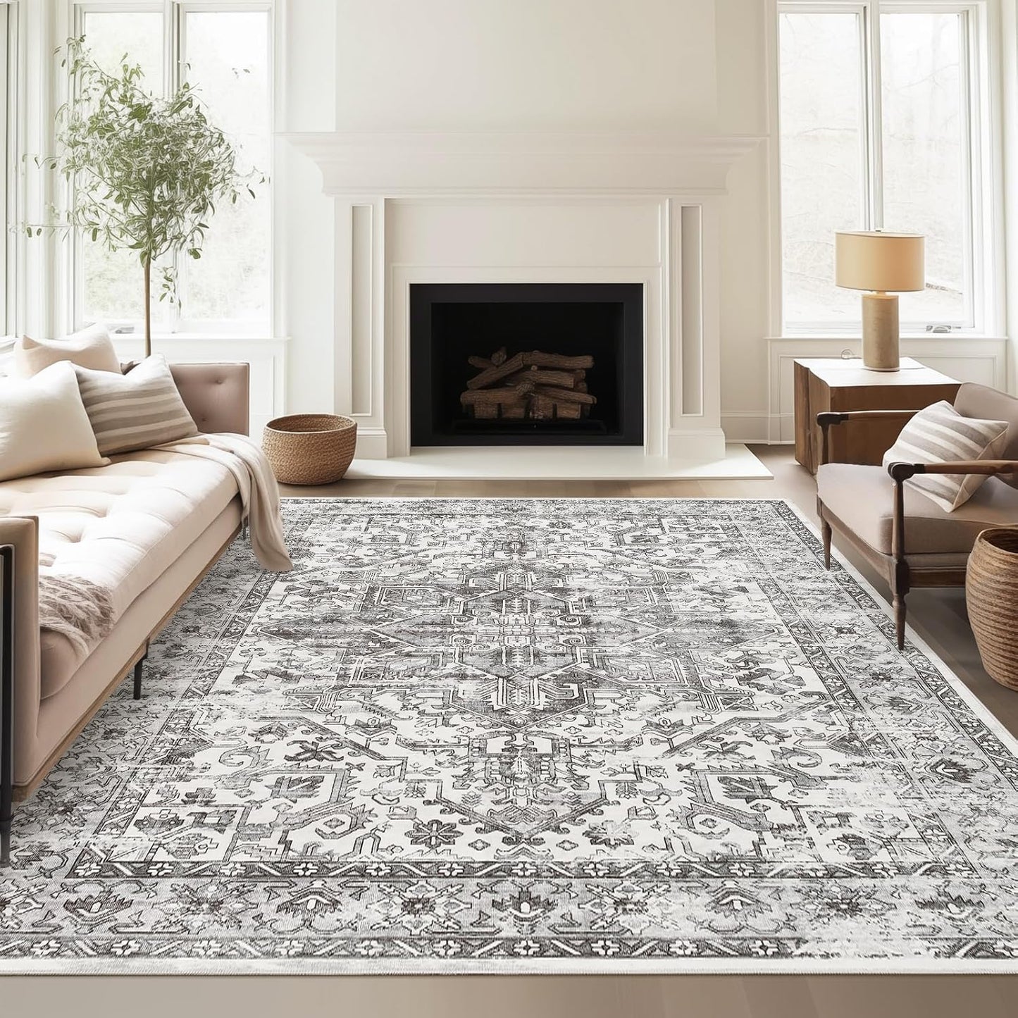 zesthome 8x10 Area Rugs for Living Room,Non-Slip Backing Washable Rugs,Vintage Large Area Rug，Stain Resistant Home Decor Rug (Grey/White,8'x10')