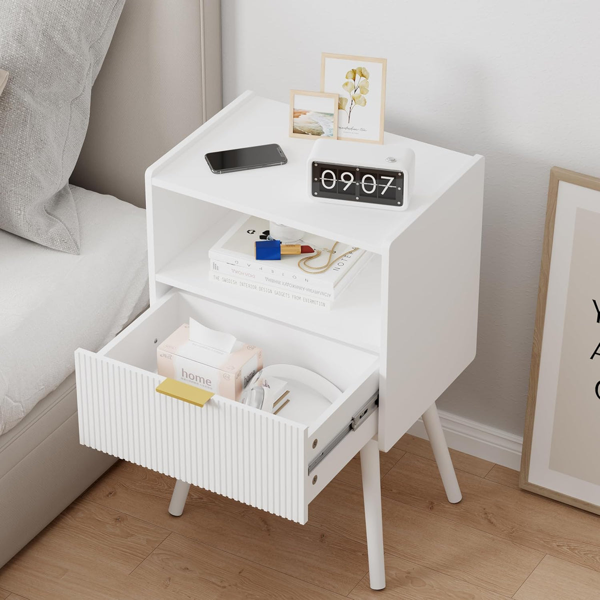 White Nightstand,Modern Bedside Table with Storage Drawer and Open Wood Shelf, for Living Room, Bedroom and Small Spaces, Accent Night Stand with Solid Wood Legs, Easy Assembly,Classic White