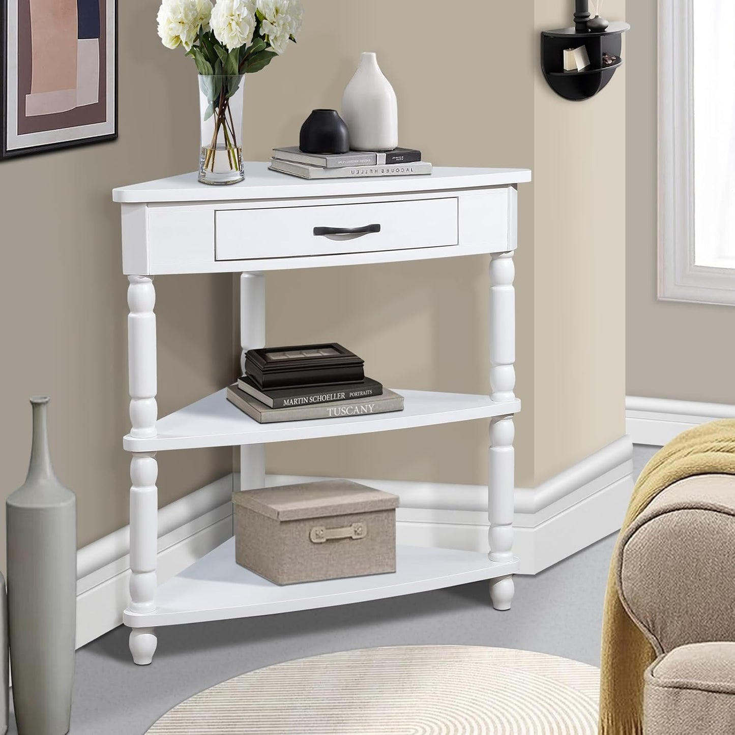 GDFStudio Trmxmbi 3 Tier Corner Console Table with 1 Storage Drawers and Shelves, 33.8'' Rustic Wood Triangle Sofa End Table for Small Spaces, Solid Wood Legs, Milk White