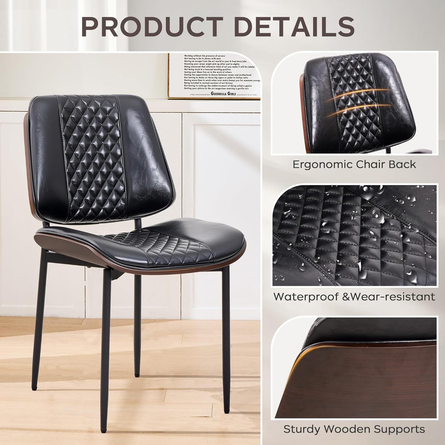 Dining Chairs Set of 6, Upholstered PU Leather Armless Chair, Mid Century Modern Dining Room Chairs, Retro Walnut Bentwood Kitchen Chair with Metal Legs and Adjustable Feet, Black