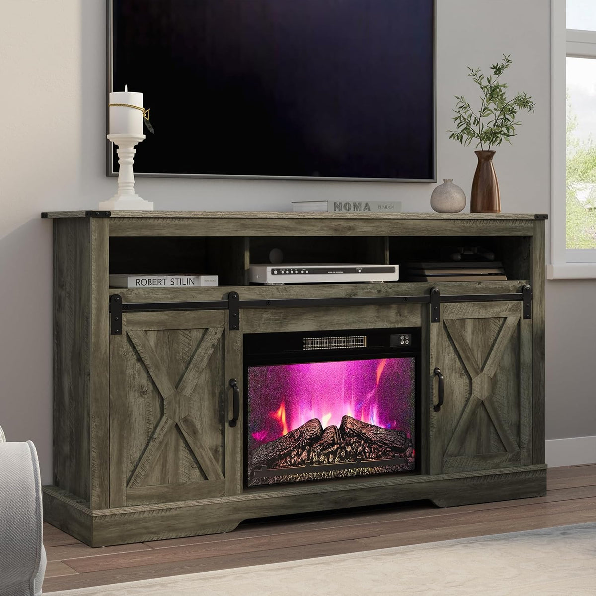 RoyalCraft Farmhouse Fireplace TV Stand for 65+ Inch TV, Entertainment Center with 23" Electric Fireplace with Remote, 34" Modern Rustic TV Console with Sliding Bar Door for Living Room, Light Grey