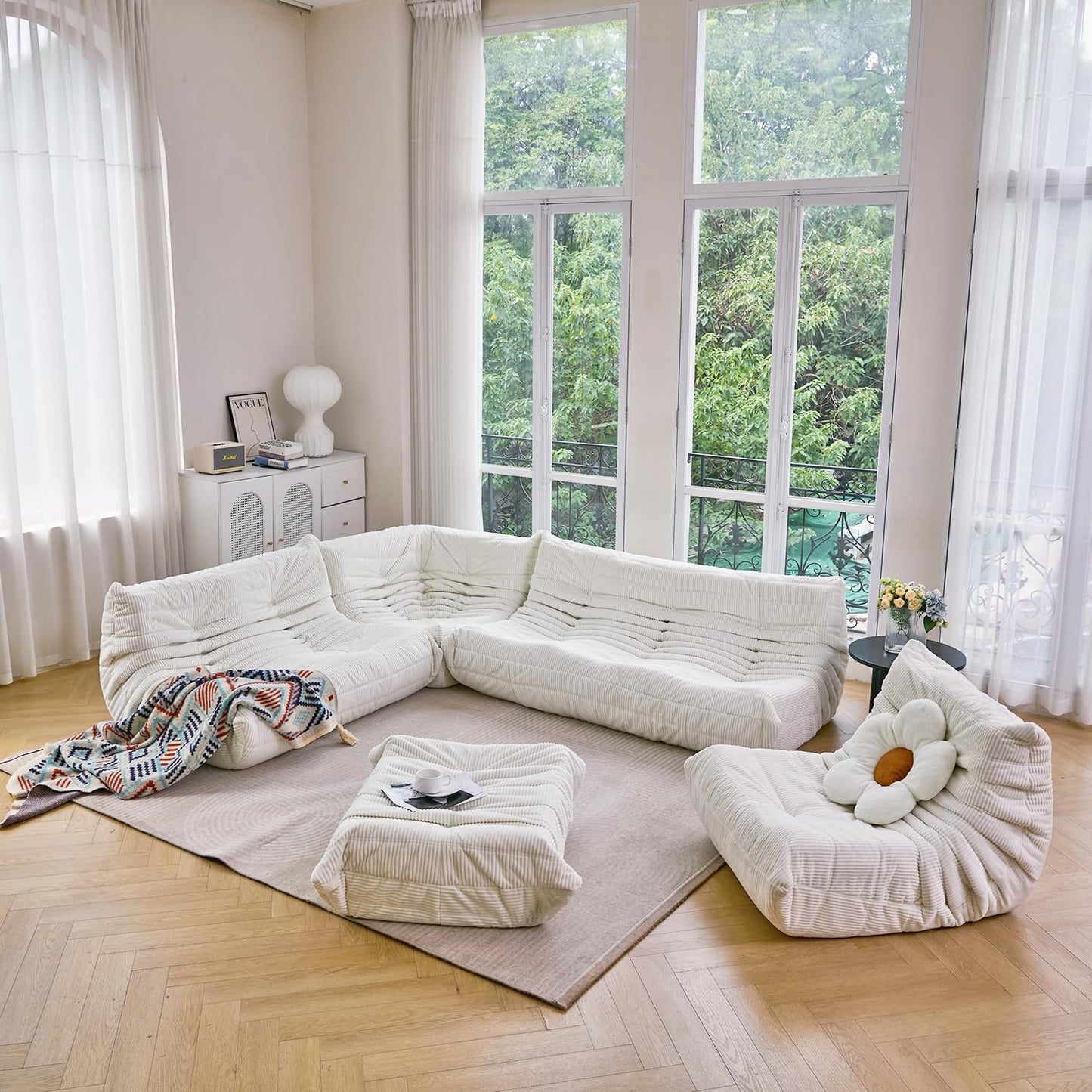 N&V Fireside Three Seater Sofa, Mid Century Armless Twin Size Floor Lounge Chair, Soft Premium Corduroy Accent Chair for Living Room, Bedroom (Lavender)