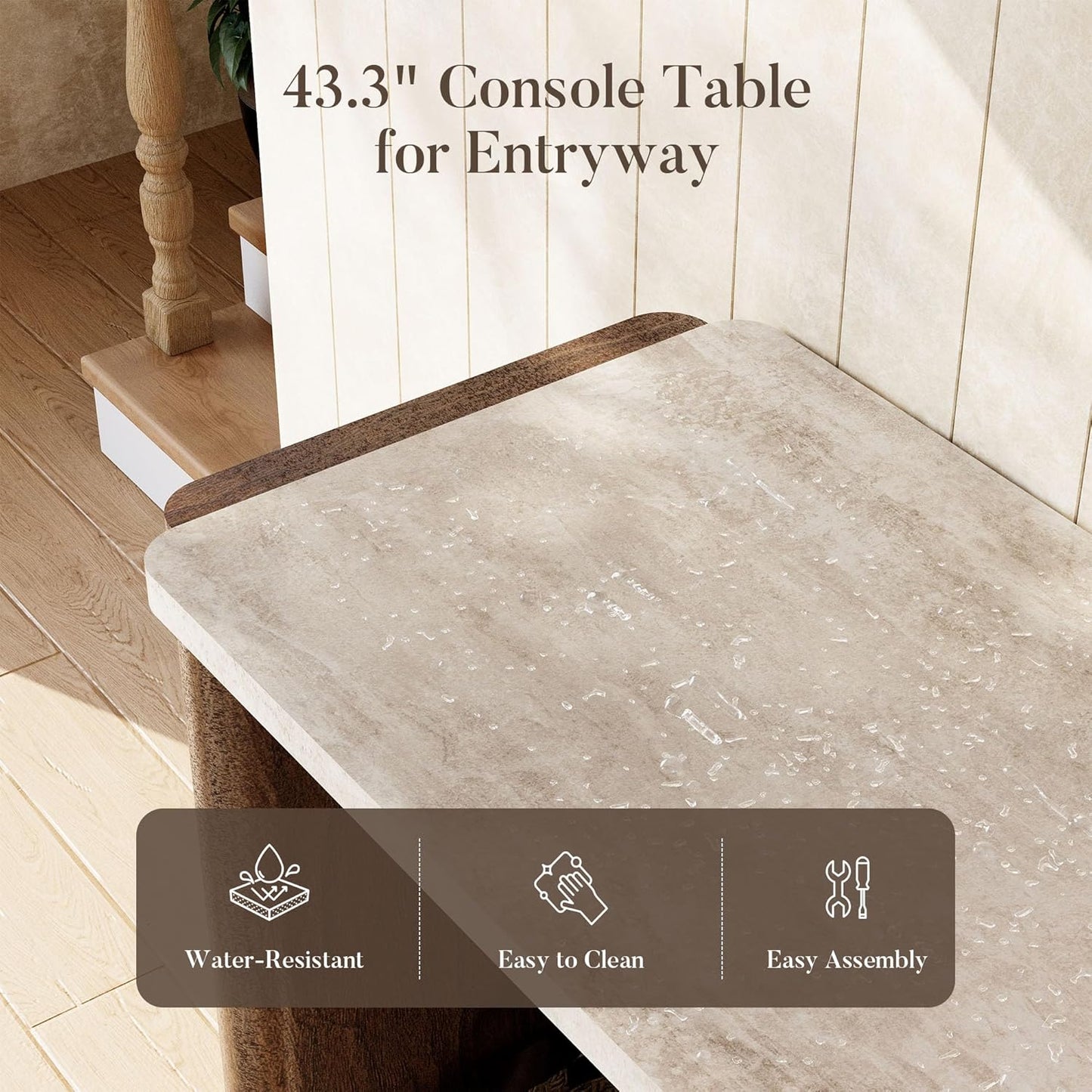 COSIEST 43.3" Farmhouse Console Table for Entryway, 2-Tier Sofa Table with Faux Stone Grain Top, Slim Accent Table for Hallway, Behind Couch, or Living Room, Brown Wood Look
