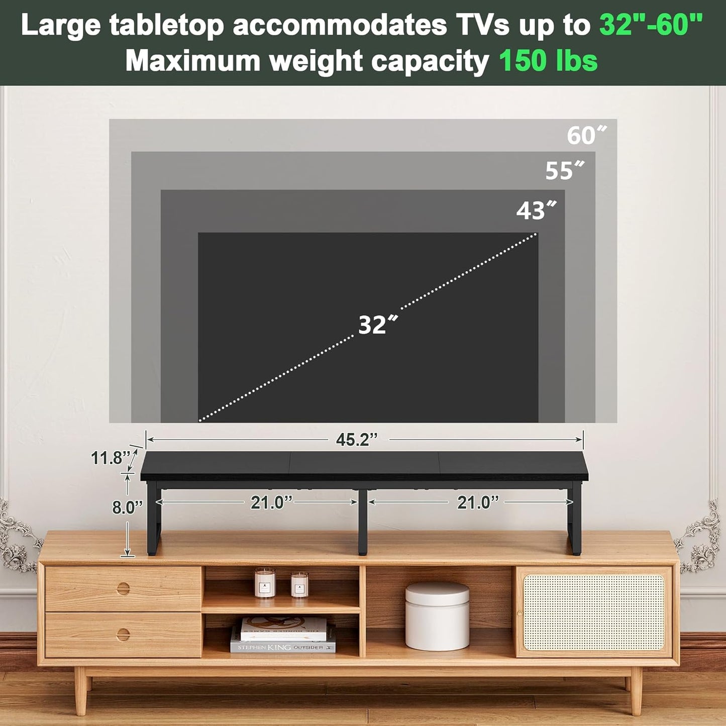 Clikuutory 45" Large TV Riser for 32-60 inch TVs, Tabletop Stand with Steel Legs, Storage & Dual - Screen Office Desk Function, Ideal for Home Office, Bedroom, Living Room, Black