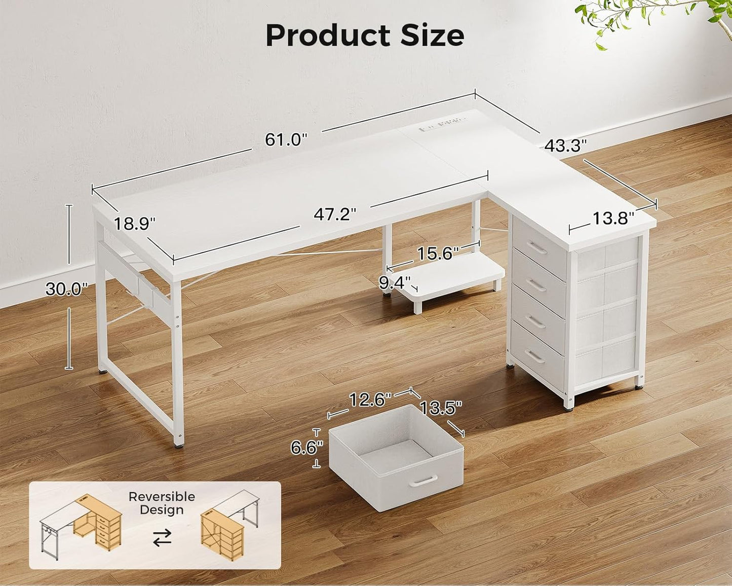 AODK L Shaped Desk with 4 Tier Drawers, 61" Reversible Gaming Desk with Power Outlets, L Shaped Computer Desk with USB Charging Port and Host Stand, Home Office Corner Desk, Easy to Assemble, White
