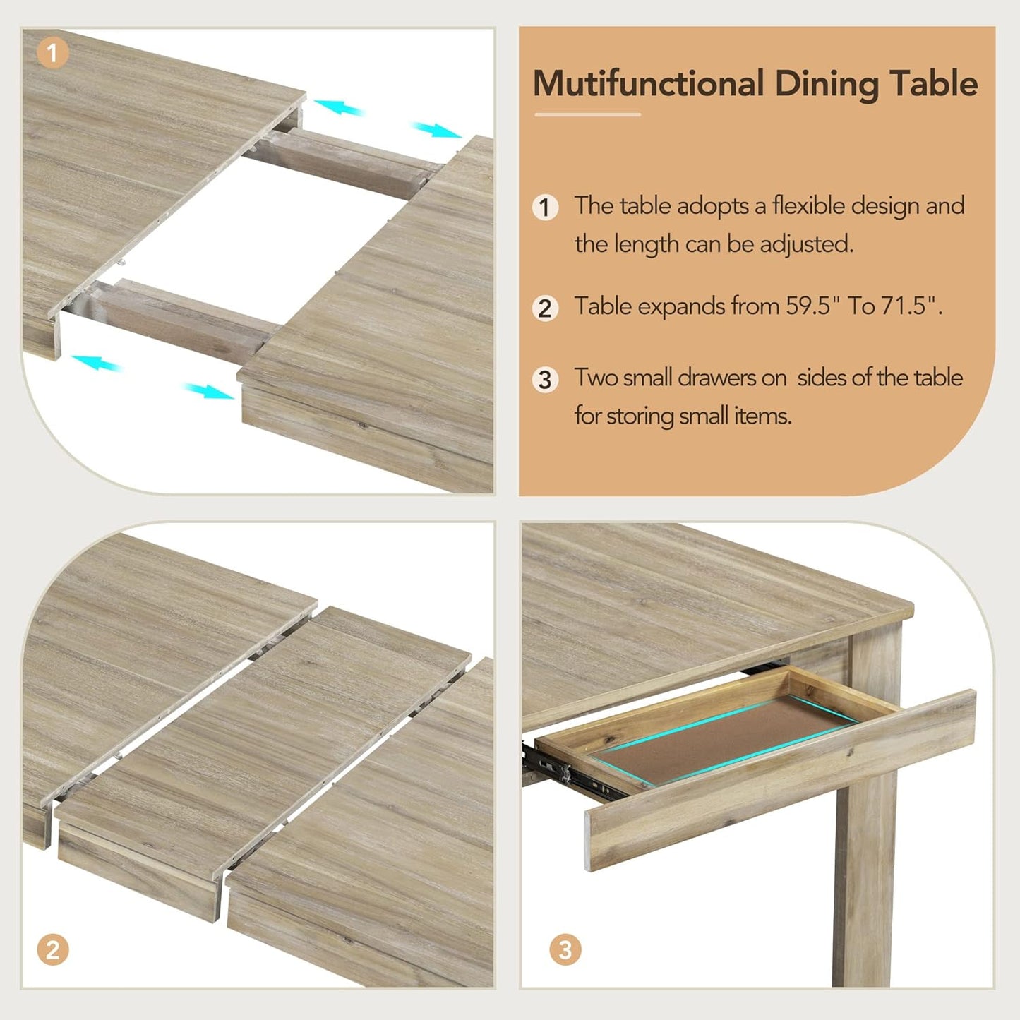 7-Piece Wooden Dining Set with Mutifunctional Extendable Table 12" Leaf and 2 Drawers,Rubber Wood Structure W/ 6 Soft Cushion Chairs,for Dining Room,Natural Wood Wash