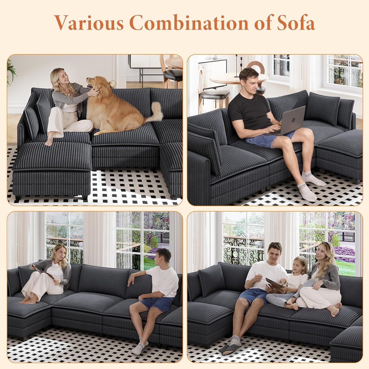 Vesgantti 143" L Shaped Modular Sectional Sofa, Comfy Corduroy Upholstered Modular Sectional Couches for Living Room, Modern Cloud Couch with Ottoman Deep Seat, Dark Grey