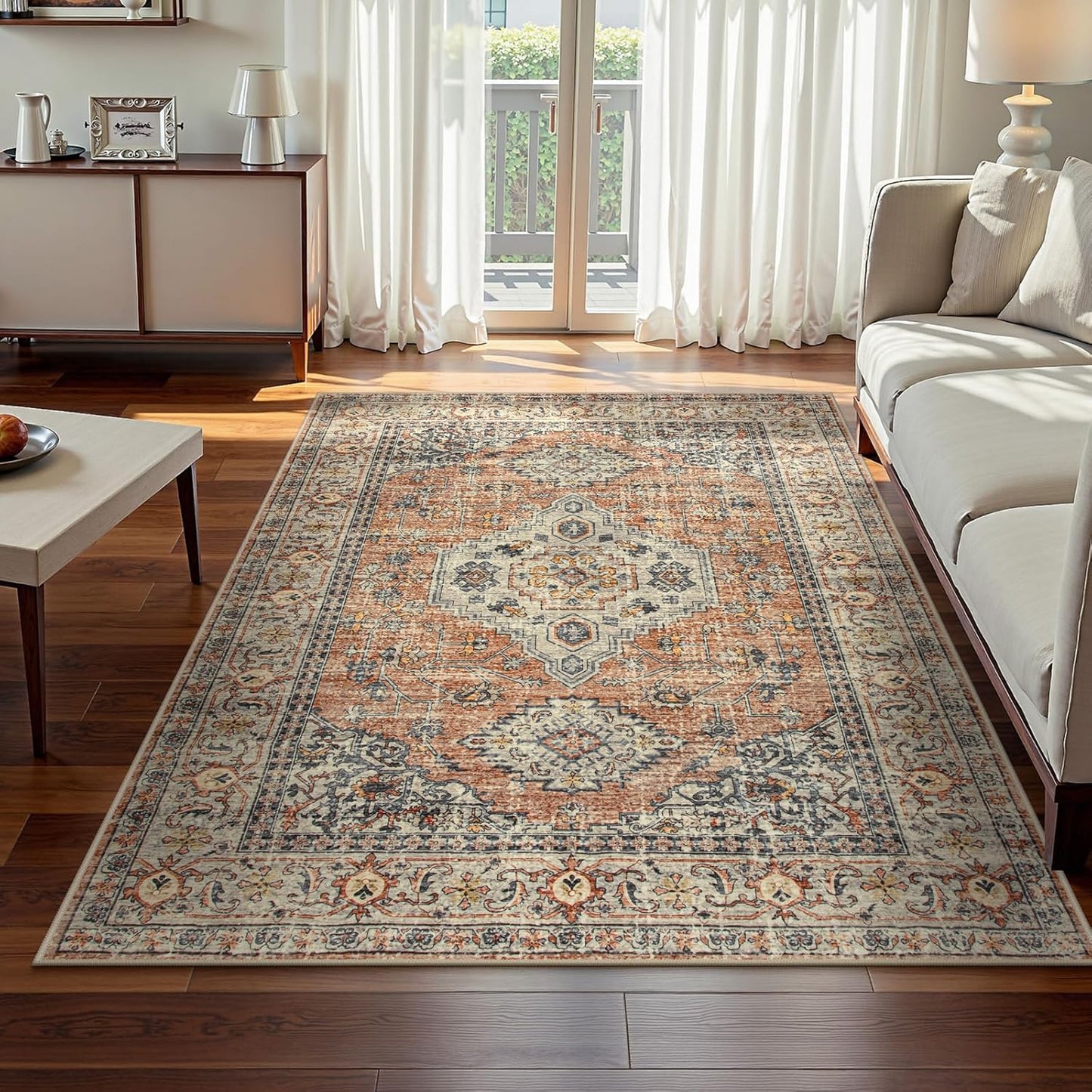 Lahome Oriental Washable Rugs 5x7, Soft 5x7 Rug for Bedroom Living Room, Ultra-Thin Non Slip Stain Resistant Vintage Throw Carpet for ‎Dining Room Office, Peach/Orange