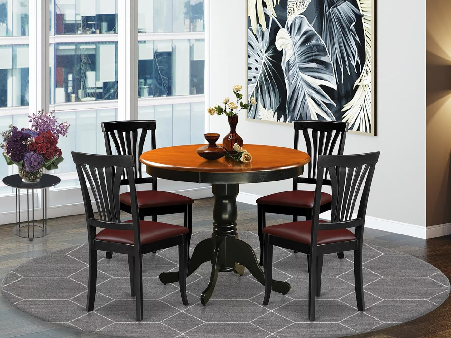 East West Furniture ANAV5-BLK-LC 5 Piece Dinette Set for 4 Includes a Round Kitchen Table with Pedestal and 4 Faux Leather Dining Room Chairs, 36x36 Inch, Black & Cherry