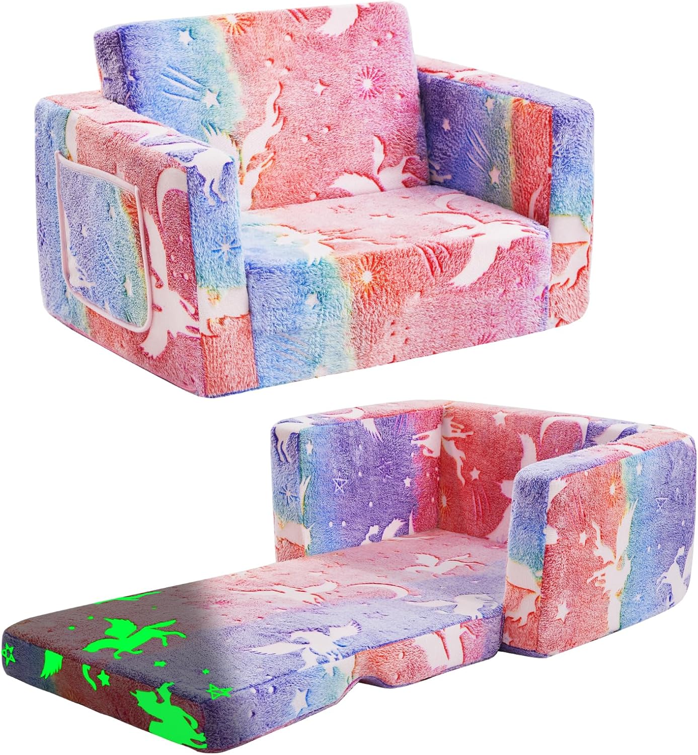 Toddler Couch,Toddler Chair,2-in-1 Baby Seat Furniture Fold Out, Convertible Sofa to Lounger Comfy Glow in The Dark Sofa Bed,Gifts for Kids Girl Boys,Elf Unicorn,Medium