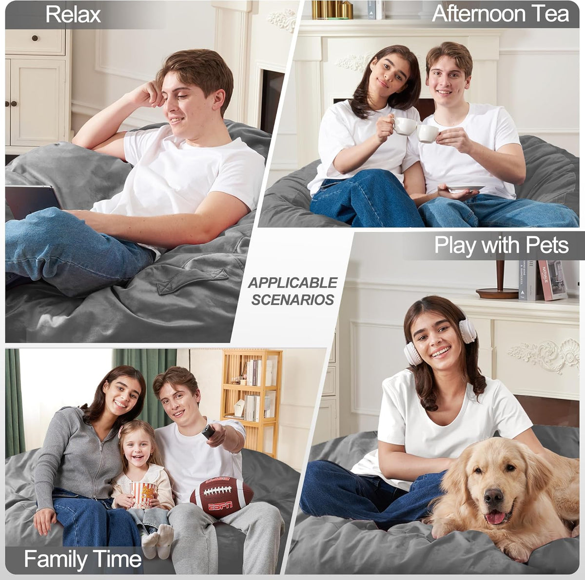 Homguava 3FT Bean Bag Chair: 3' Bean Bags with Memory Foam Filled, Large Beanbag Chairs Soft Sofa with Dutch Velvet Cover-Grey