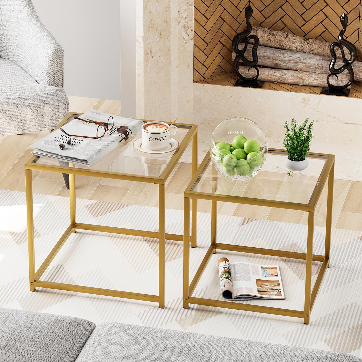 Garden 4 you Coffee Table Set of 2, Modern Glass Nesting Table, Metal Frame Square Center Table Set, Side Tables, Nesting Coffee Table for Living Room, Bedroom and Small Spaces, 19.7in Gold