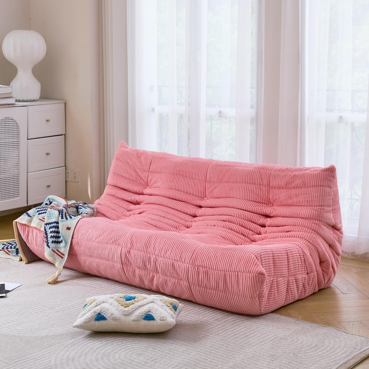 N&V Fireside Three Seater Sofa, Mid Century Armless Twin Size Floor Lounge Chair, Soft Premium Corduroy Floor Sofa, Accent Chair for Living Room, Bedroom (Salmon)