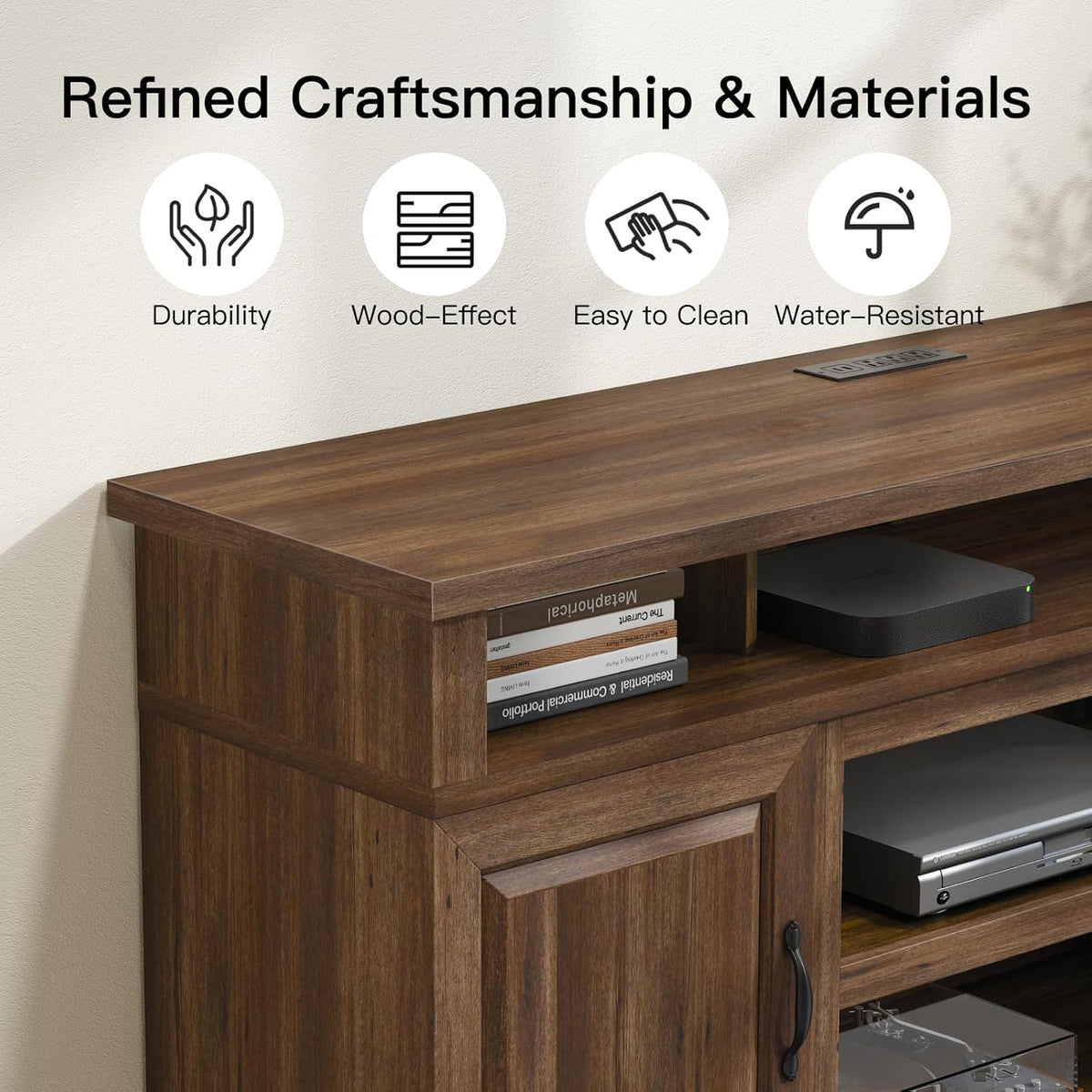 Marsail Modern Farmhouse TV Stand, Entertainment Center with Storage Cabinets, Adjustable Shelves and Power Outlets for Televisions up to 80 Inch, TV Console Table for Living Room, Brown