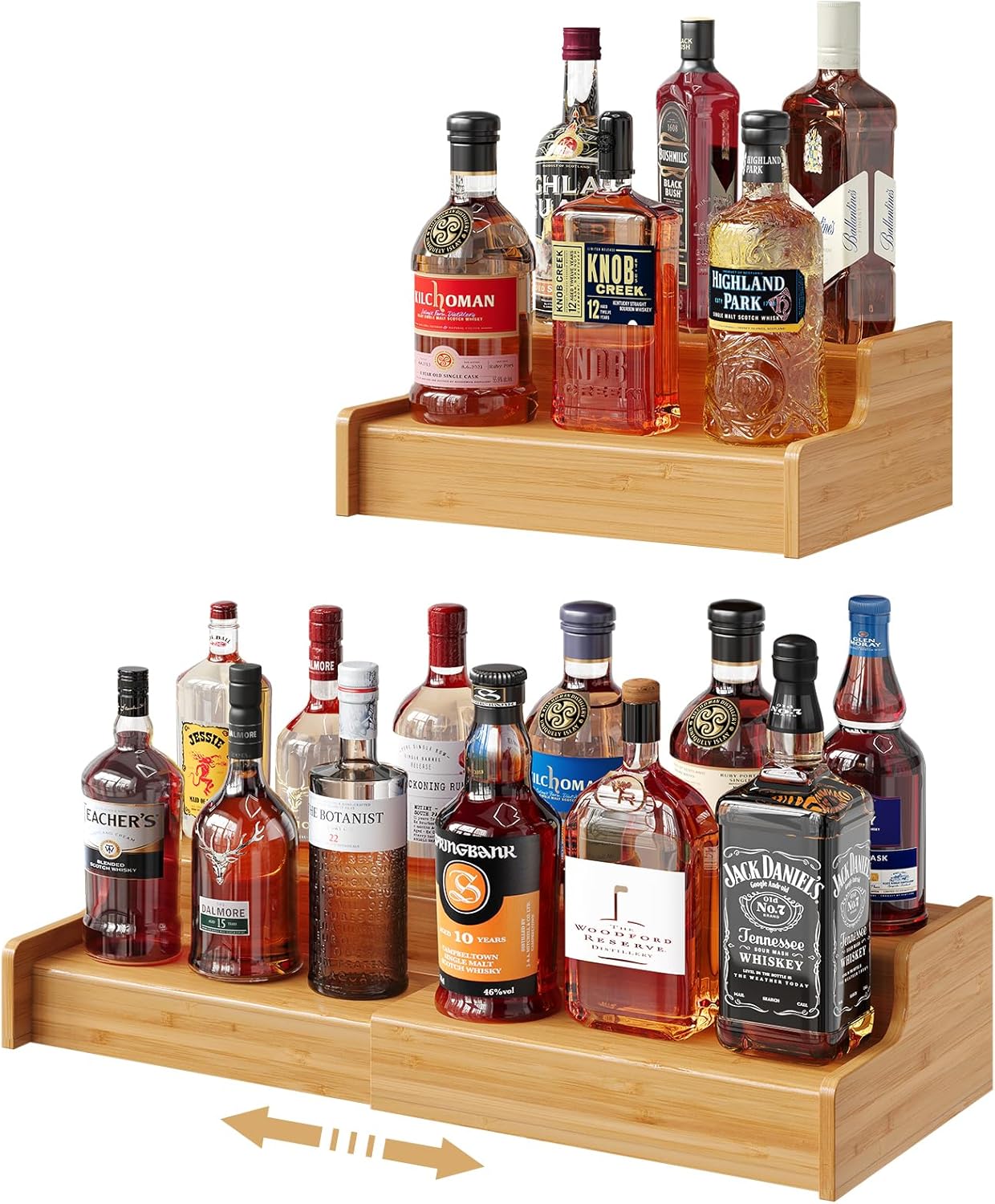 X-cosrack Expandable Liquor Bottle Display Shelf, Tabletop Wine Rack, Countertop Coffee Syrup Organizer Rack, Bamboo Bottle Stand for Liquor Whiskey Display Bar Shelves, Home Bar Display