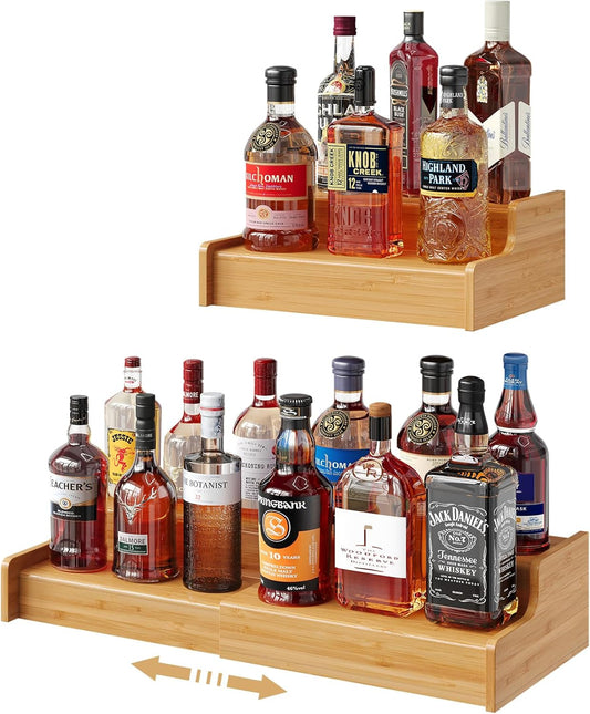 X-cosrack Expandable Liquor Bottle Display Shelf, Tabletop Wine Rack, Countertop Coffee Syrup Organizer Rack, Bamboo Bottle Stand for Liquor Whiskey Display Bar Shelves, Home Bar Display