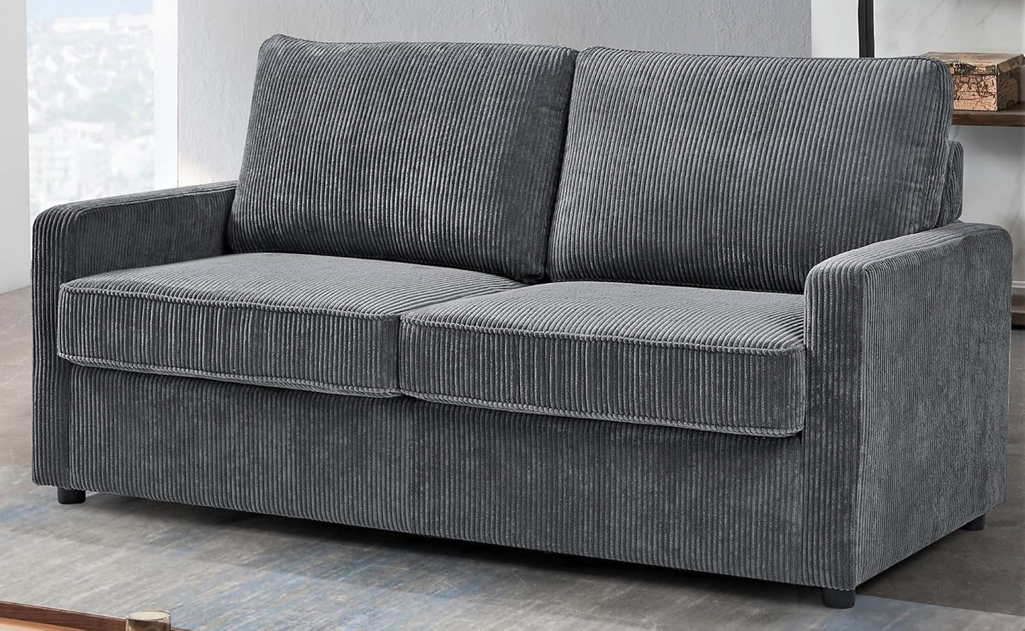 Reversible Sleeper Sofa Bed with Comfortable Memory Foam Mattress, Convertible Corduroy Full Size Pull Out Couch for Living Room, Space Saving Furniture, 70" Wide, Rectangular Arms, Grey