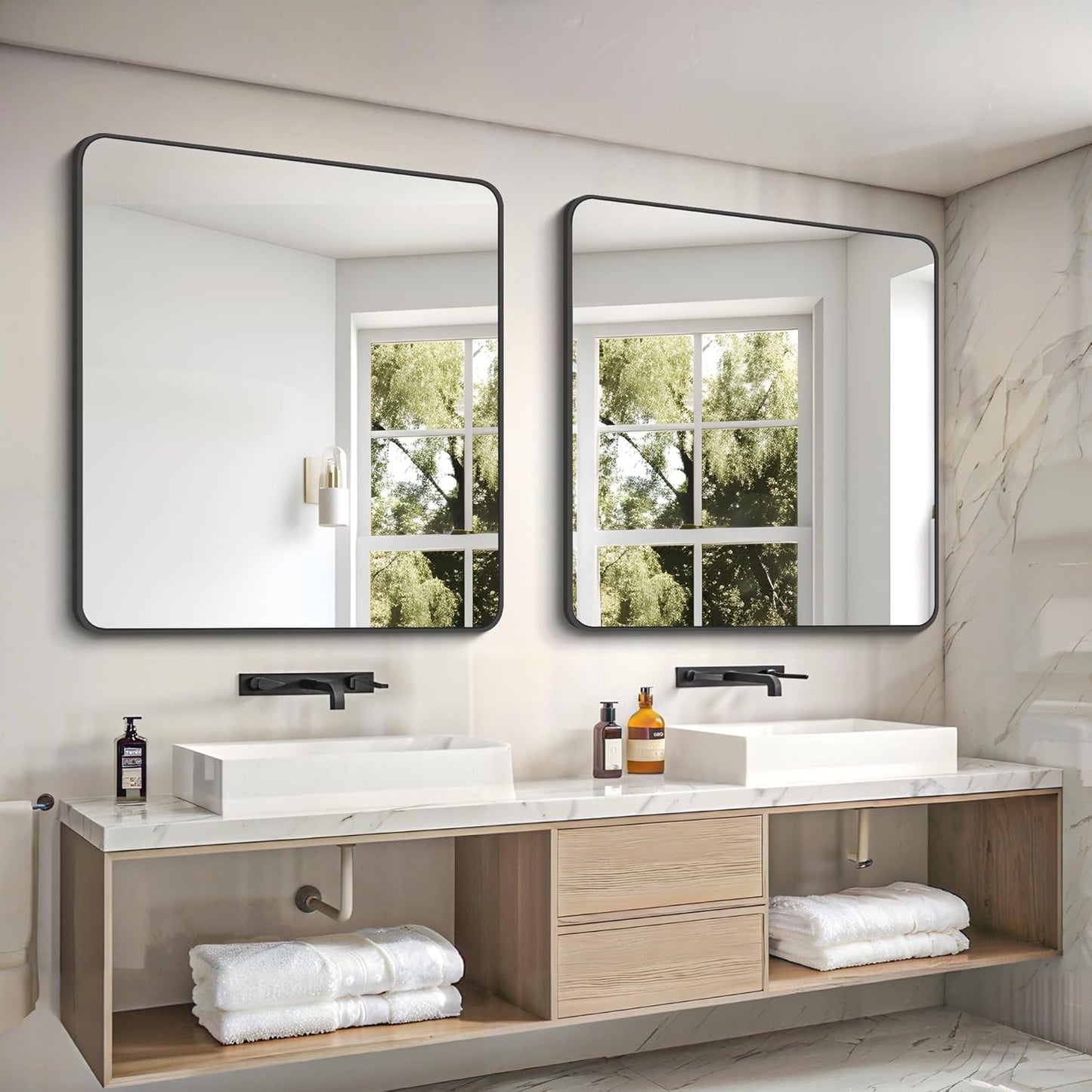 FORBATH Bathroom Mirror 36" x 36"，Large Square Wall Mirror with Black Aluminum Frame Rounded Corner, Wall Mounted Mirror for Bathroom Bedroom Entryway Living Room