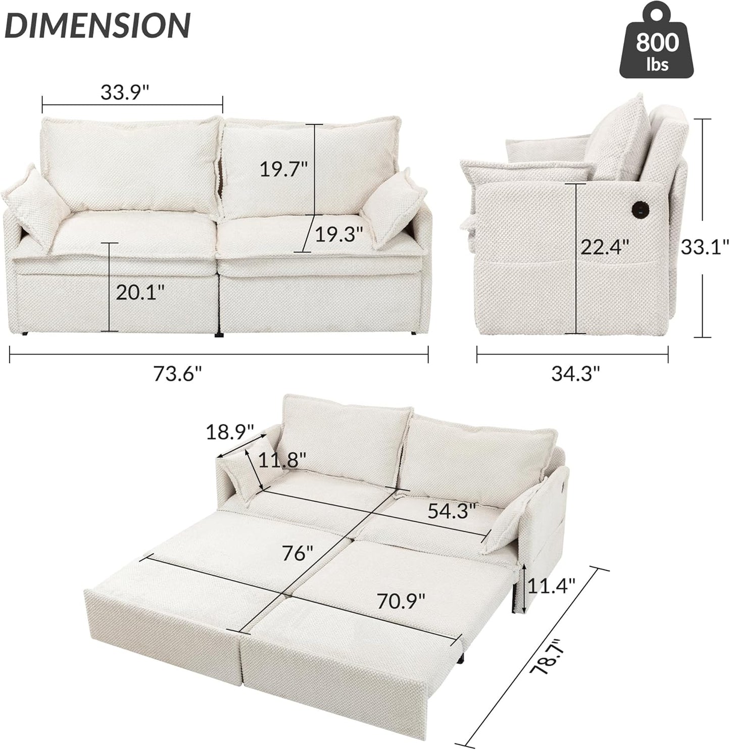 Furnimart 73.6" King Size Pull Out Sofa Bed, 3 in 1 Convertible Sleeper Bed with USB/C-Type Charging Ports & Side Pockets, Modern Futon Couch for Living Room, Apartment, Bedroom, Corduroy White
