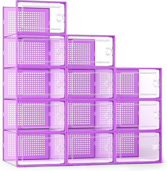 Kuject X-Large Shoe Storage Boxes Organizers Clear Plastic Stackable 12 Pack, Shoe Rack & Holder Substitute, Sneaker Containers, Toy Storage Organizer Bins for Entryway, Closet, Under Bed, Purple