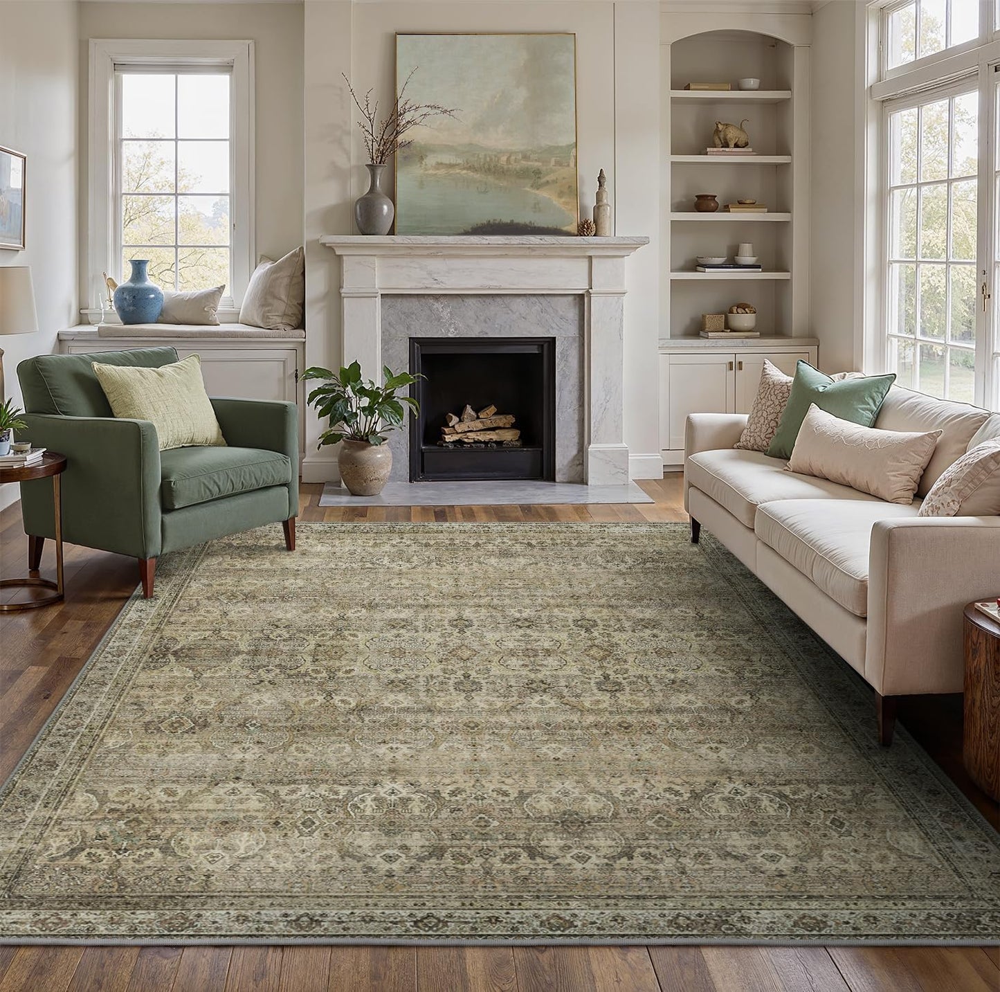 8X10 Area Rugs Machine Washable Rugs for Living Room, Vintage Boho Large Rugs for Bedroom Dining Room, Non Slip Indoor Soft Distressed Lightweight Thin Low Pile Carpet, Muted Sage