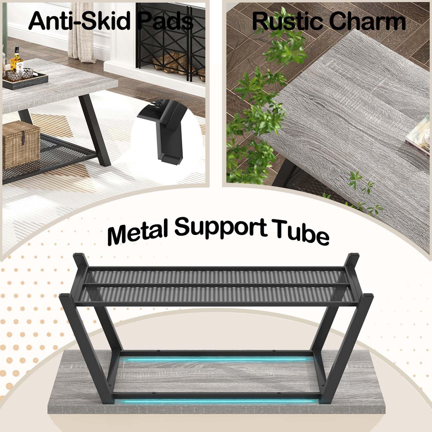 FOLUBAN Industrial Coffee Table, Rustic Wood and Metal Center Table with Storage, Modern Rectangle Cocktail Tea Table for Living Room Office, Light Grey, 47 Inch