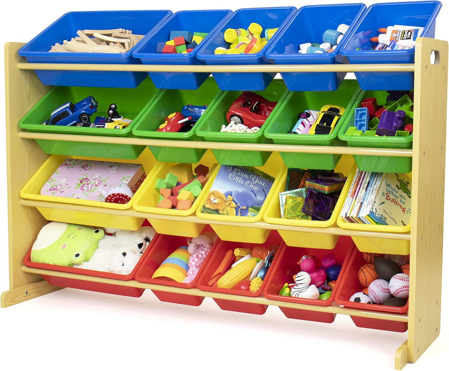 Humble Crew Extra-Large Toy Organizer with 20 Plastic Bins – Primary/Natural Storage Rack with 4-Tier Shelves, Anti-Tip Safety, for Kids’ Rooms, Playrooms, Nurseries & Classrooms