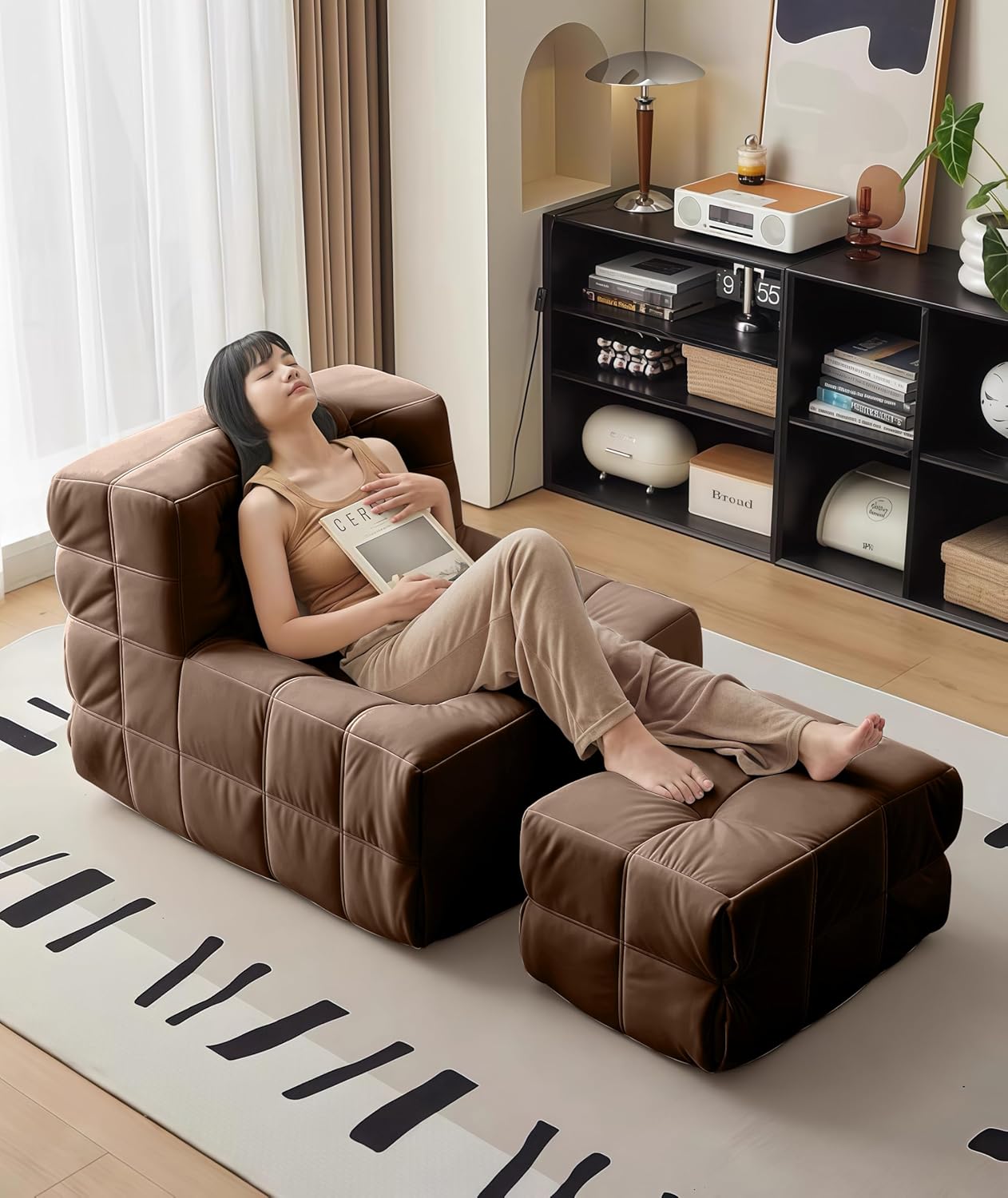 Bean Bag Chair - Memory Foam Bean Bag Chair for Adults, Comfy High-Resilience Single Sofa, Small Space Floor Chair, Chaise Lounge for Living Room, Bedroom (Dark Brown, Square+Ottoman)