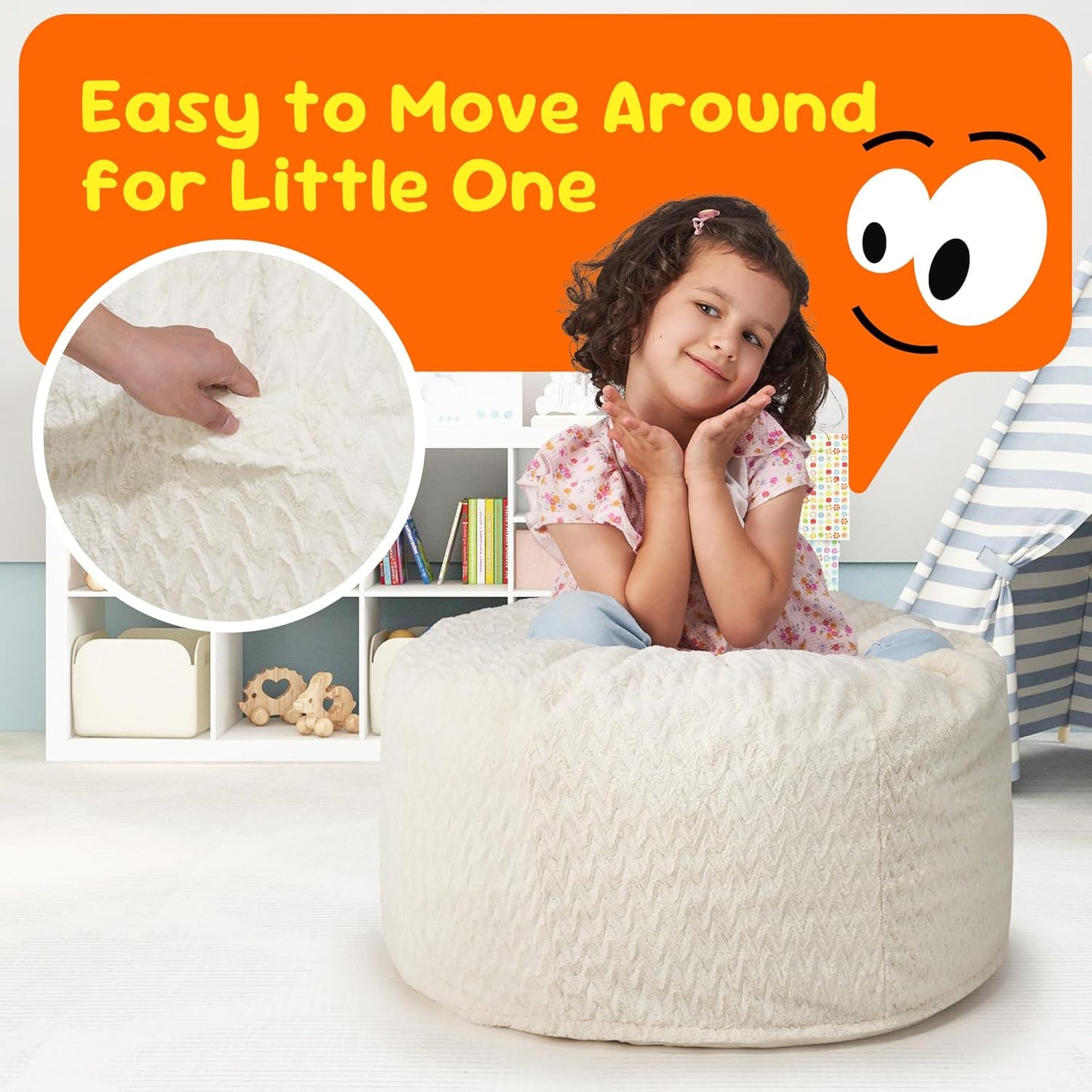 Hobestluk Bean Bag Chairs 2.5FT Bean Bag Chair with Memory Foam Filled & Chevron Plush Fur Cover Small Bean Bag Chairs for Playroom, Living Room, Bedroom (White)