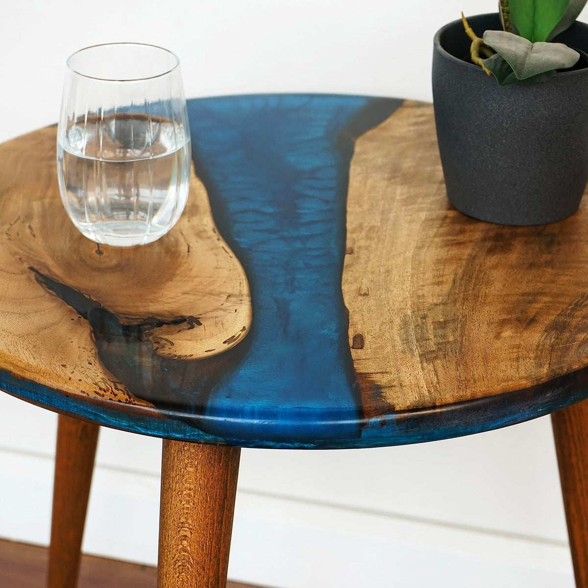 20" Resin Walnut Round Side Table | Epoxy End Table | Coffee Table | Mid Century Modern Resin Walnut | Living Room Furniture | Blue Color