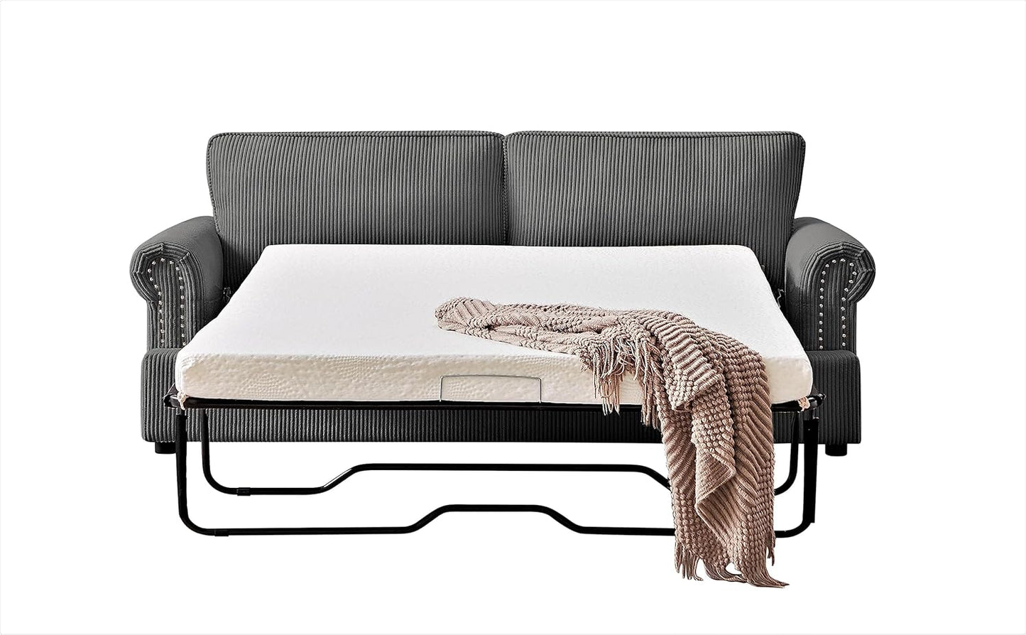 Reversible Sleeper Sofa Bed with Comfortable Memory Foam Mattress, Convertible Corduroy Full Size Pull Out Couch for Living Room, Space Saving Furniture, 72" Wide, Rounded Arms, Grey