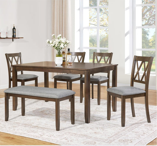 soges 6 Piece Kitchen Dining Set, Rectangular Wooden Dining Table with 4 Upholstered Chairs and a Bench, Morden Dining Table Set for 6 People, Living Room, Home and Kitchen, Walnut