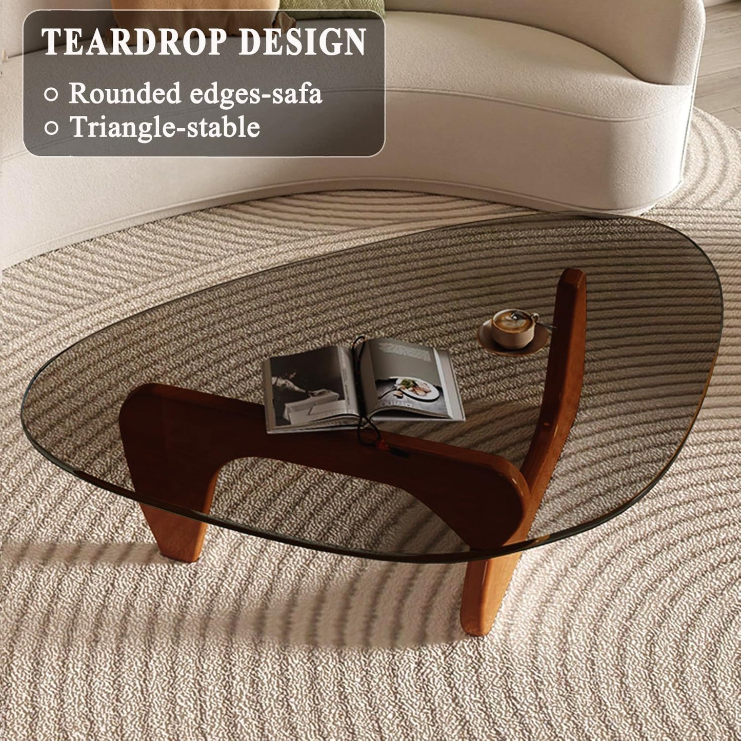 Mid Century Modern Glass Coffee Table, Small Coffee Table for Living Room, Elegant and Functional Coffee Tables Suitable for Bedroom Living Room Reception Office Tables（Walnut/Grey，Small）