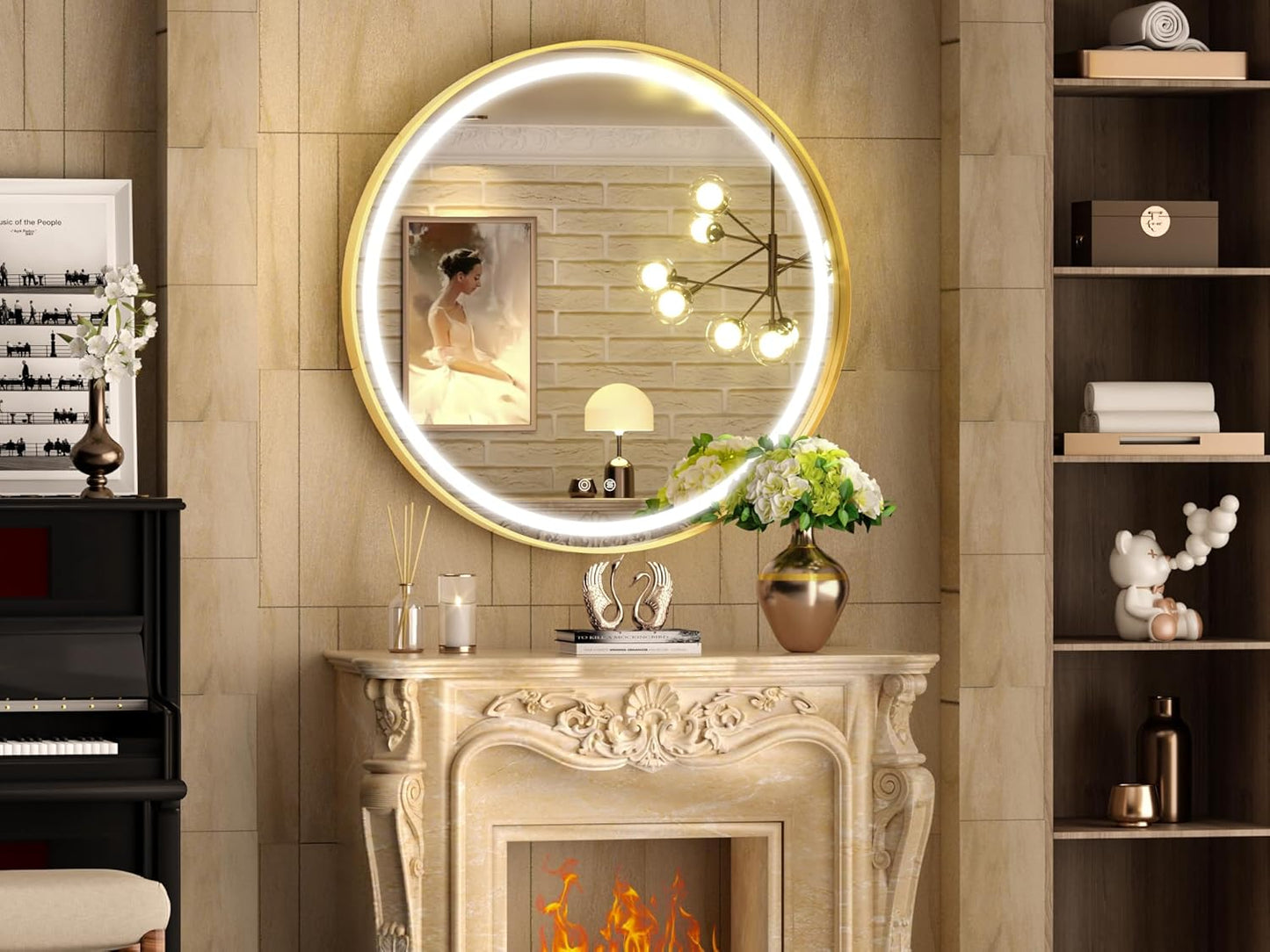 Hasipu 32 Round LED Mirror for Bathroom with Lights, Gold Circle Vanity Mirror for Wall, Metal Framed Frontlit Bathroom Mirrors Anti-Fog, Dimmable, 3 Colors Makeup Mirror Wall Mounted