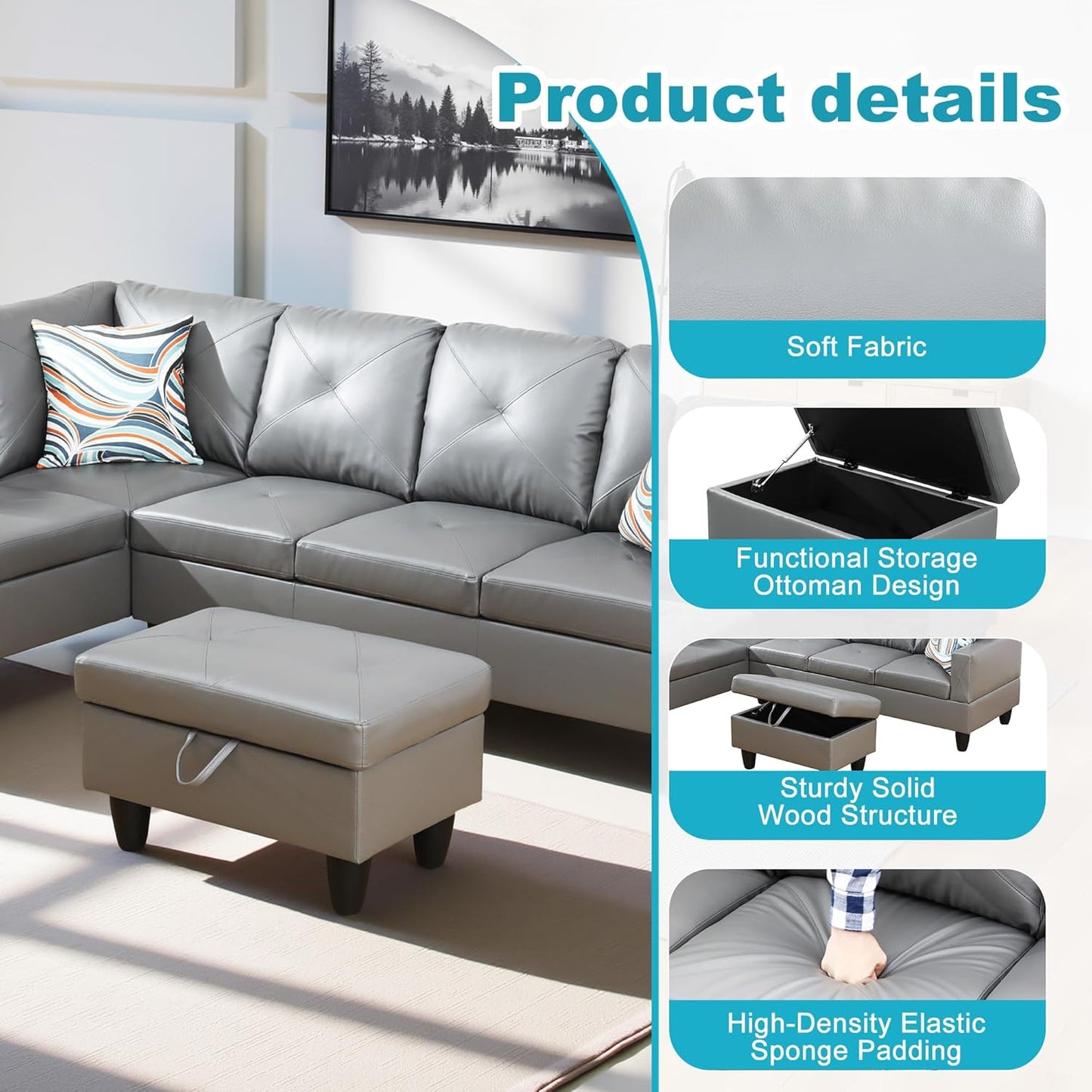 L Shaped Couch Faux Leather Sectional Couch Upholstered 3 Pieces Sofas for Living Room with Chaise, Storage Ottoman for Office and Small Apartment, Dark Grey