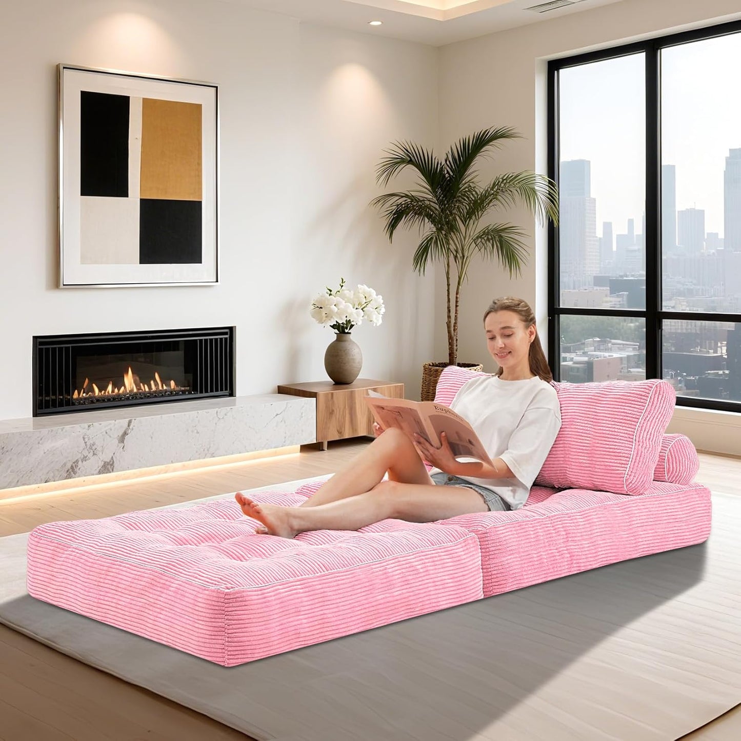 HABUTWAY Folding Sofa Bed, Convertible Sleeper Chair Bed w/Dual-Pillow & Handle, Foldable Floor Sofa Lounge w/Back Support for Living Room, Bedroom, Apartment, Office, Pink