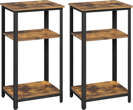 Yaheetech Tall End Table Set of 2, 16x12x29.5 inch Industrial Side Table with Strong Wooden Shelves, 2PCS Slim 3-Tier Telephone Table with Metal Frame for Living Room, Small Places - Rustic Brown