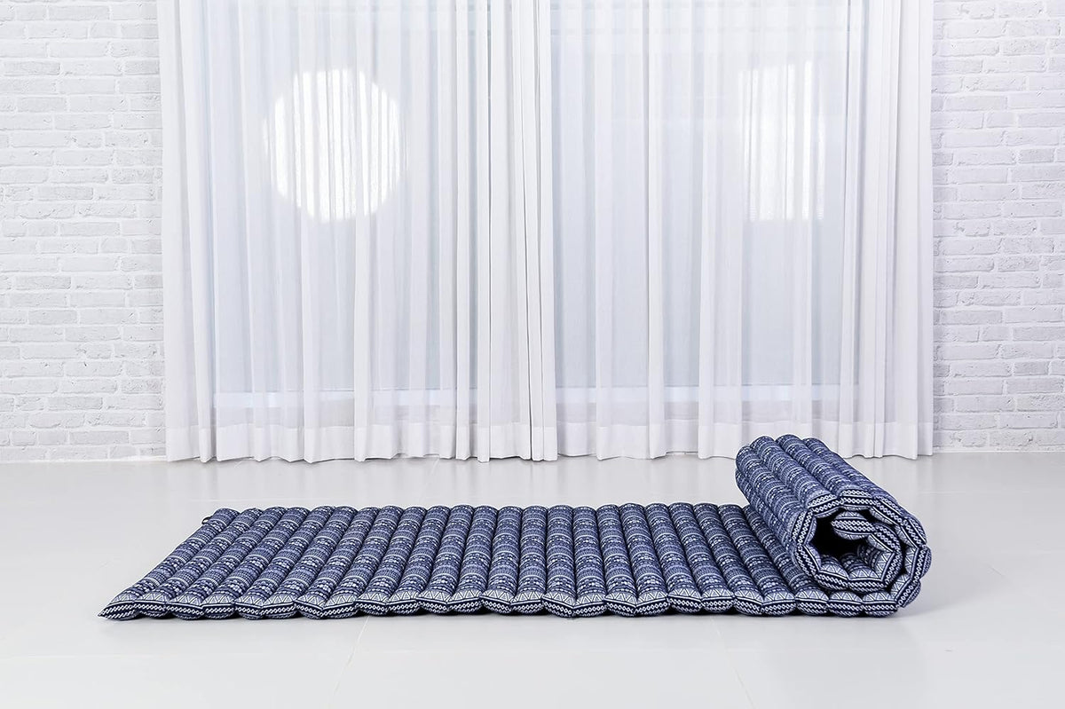 Leewadee - Foldable Floor Mattress - Japanese Roll Up Futon -Trifold Tatami Mat- Guest Floor Bed - Camping Mattress - Thai Massage Mat, Kapok Filled, 75 x 28 inches, Blue White