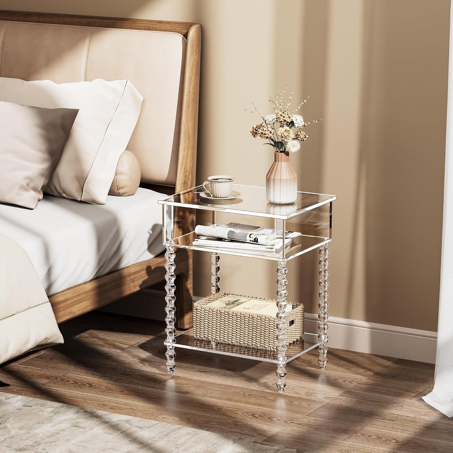 Acrylic Side Table, Clear 3-Tier End Table with Storage, Nightstand for Living Room, Bedroom, Office (Clear, 11.8 ×15.7 × 19.7)