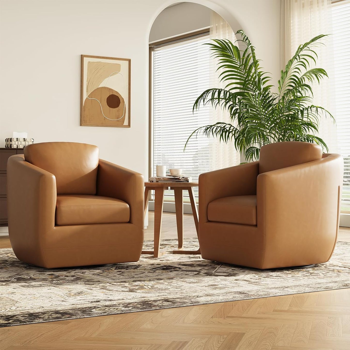 COLAMY 360° Swivel Accent Chair- Comfy Living Room Armchair No-Sag Foam & Sturdy Metal Base with Pillow, Fully Assembled Swivel Accent Single Sofa for Bedroom Living Room, Office, Brown